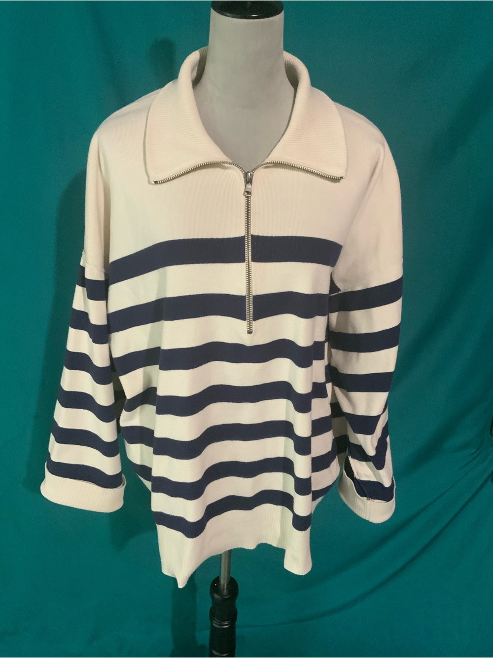 Free People Navy and Cream Striped Half-Zip Turtleneck Sweateshirt